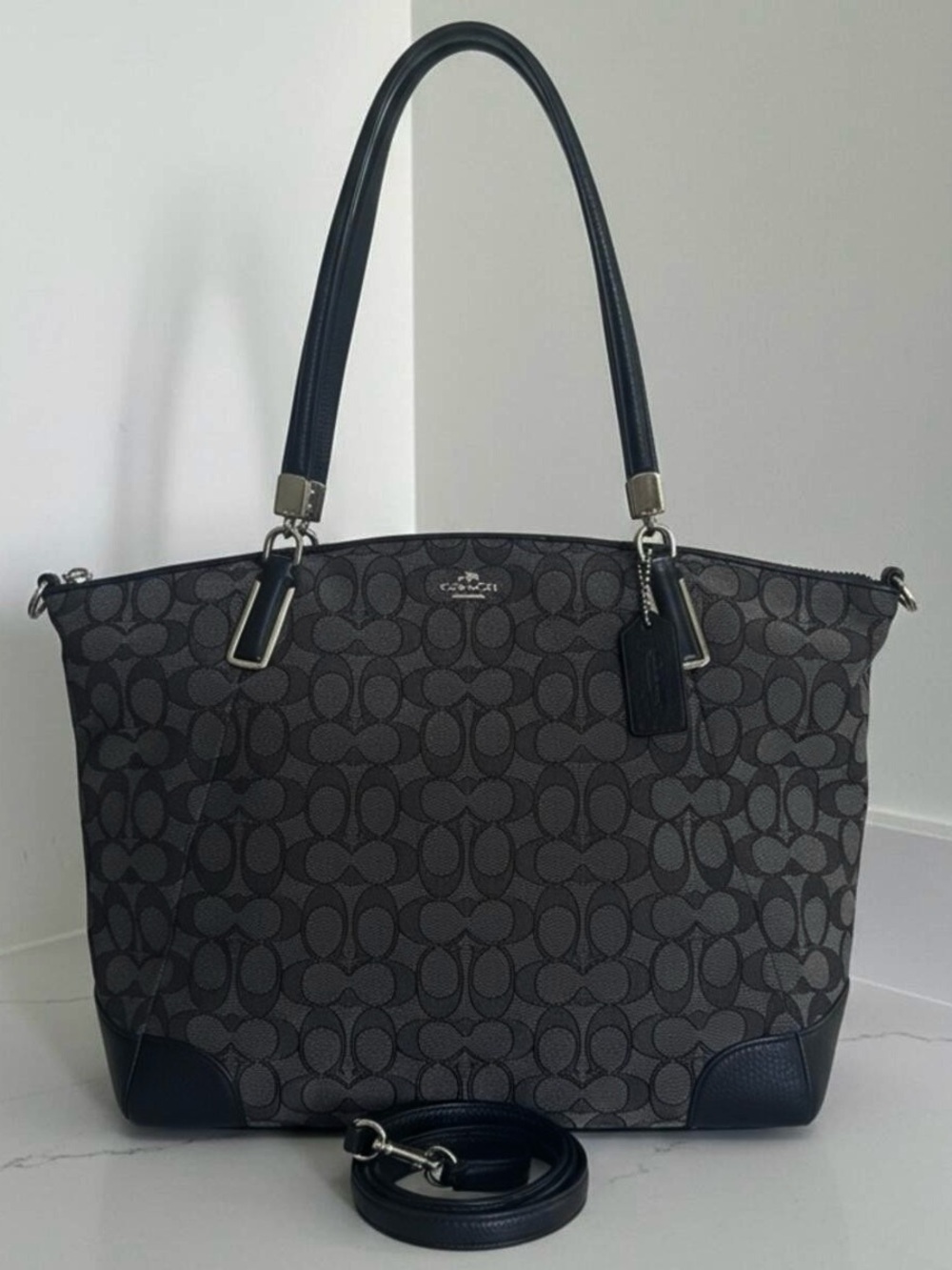 Coach Charcoal and Black Signature Jacquard Tote with Detachable Strap